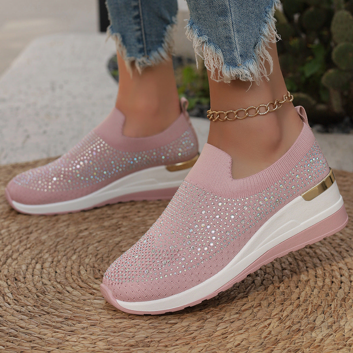 Women's Knit Slip-On Sneakers with Rhinestone Trim, Elastic Entry, and Cushioned Platform Sole