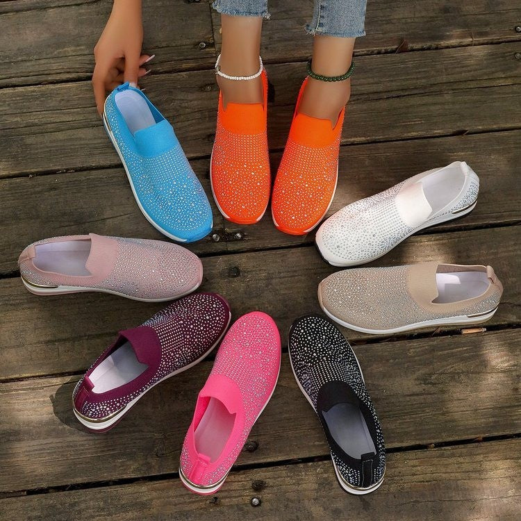 Women's Knit Slip-On Sneakers with Rhinestone Trim, Elastic Entry, and Cushioned Platform Sole
