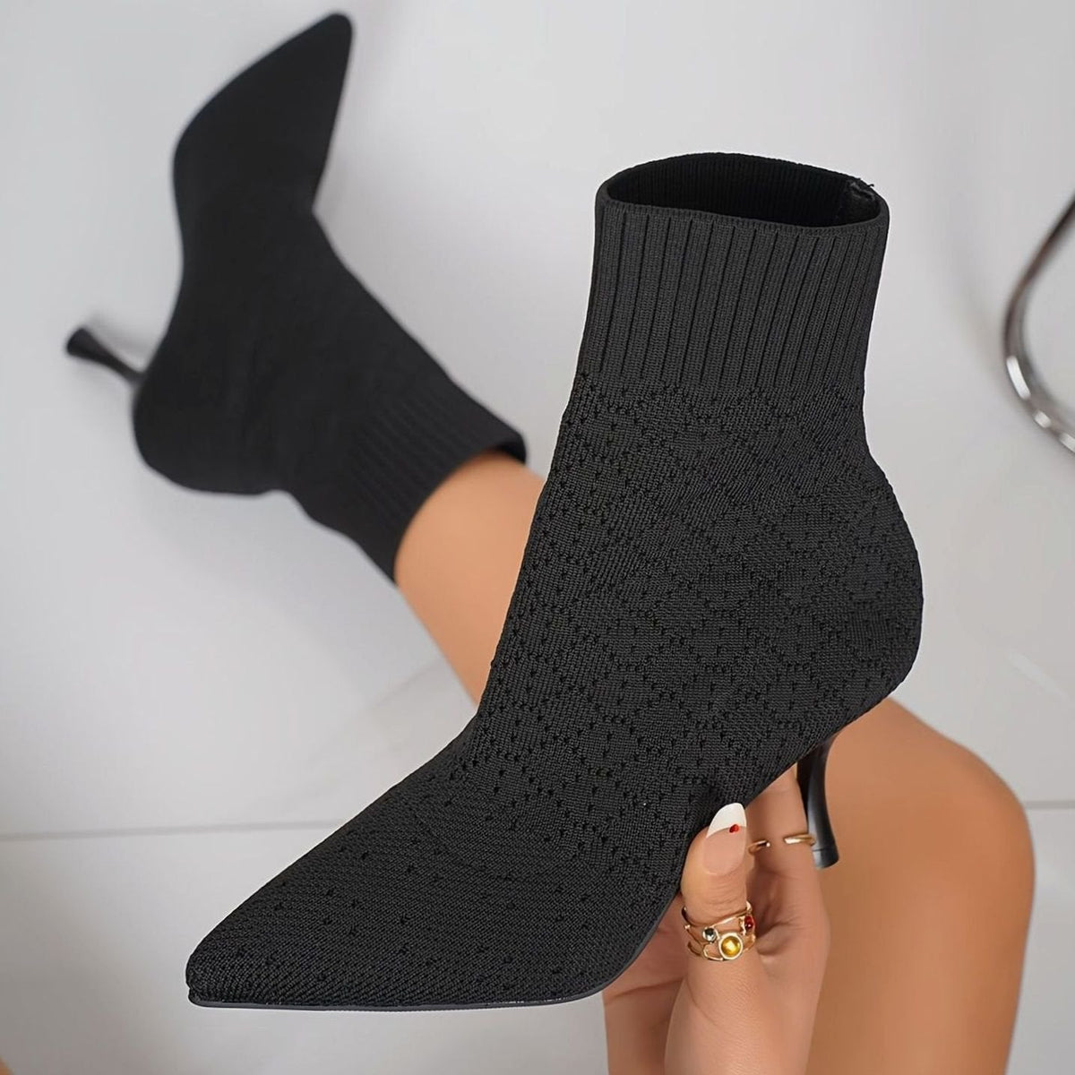Bottines chaussettes pour femmes en maille, à bout pointu et talon aiguille