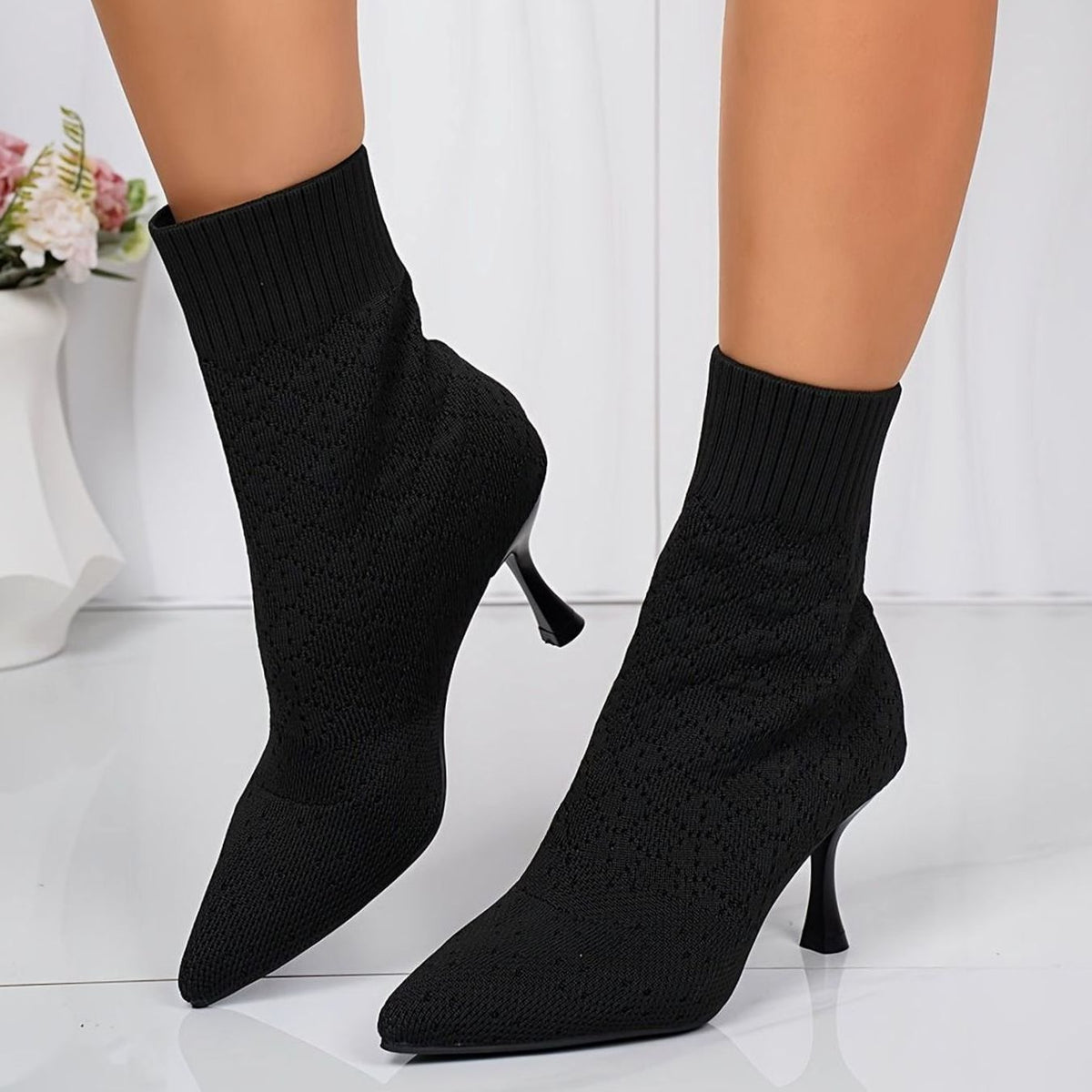 Bottines chaussettes pour femmes en maille, à bout pointu et talon aiguille