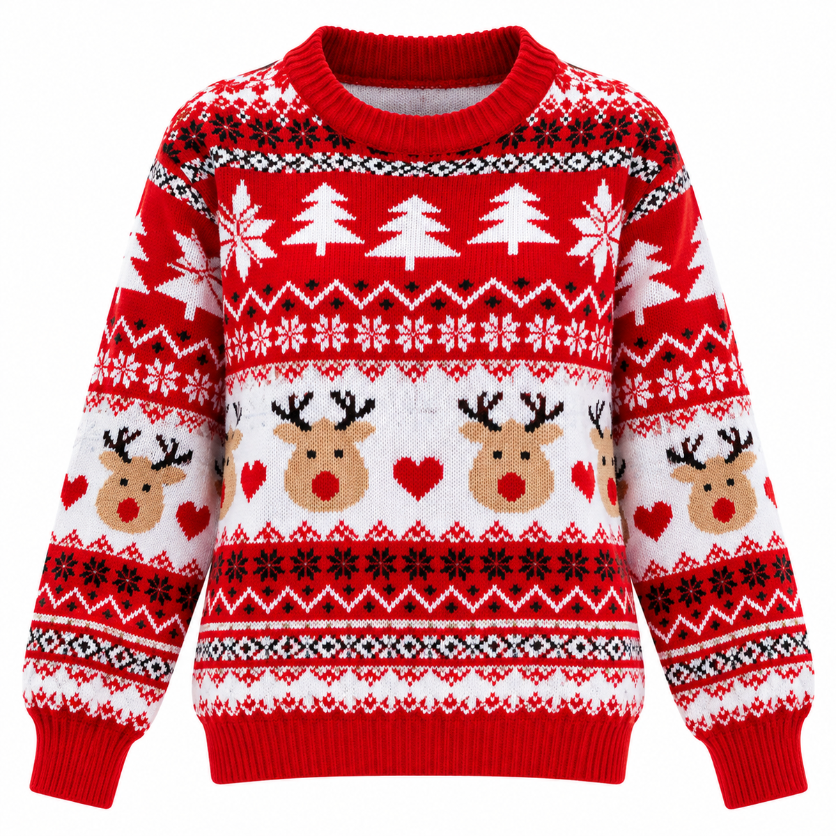 Women's Knitted Christmas Sweater with Reindeer Pattern, Relaxed Fit, Crew Neck, Long Sleeves and Ribbed Cuffs