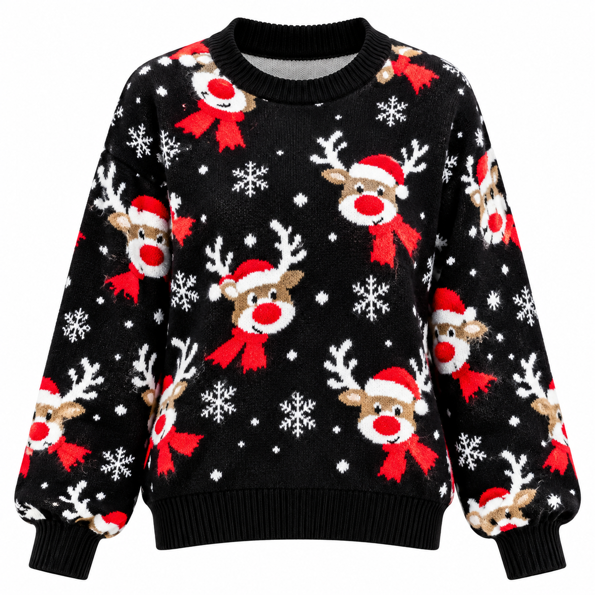 Women's Knitted Christmas Sweater with Reindeer Pattern, Relaxed Fit, Crew Neck, Long Sleeves and Ribbed Cuffs