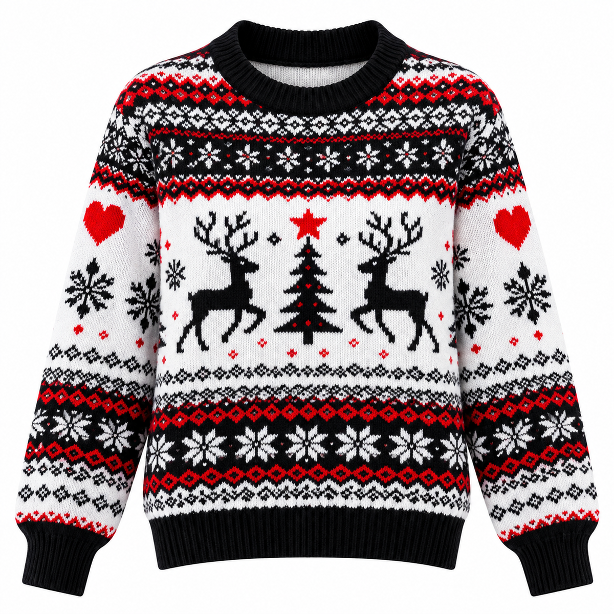 Women's Knitted Christmas Sweater with Reindeer Pattern, Relaxed Fit, Crew Neck, Long Sleeves and Ribbed Cuffs