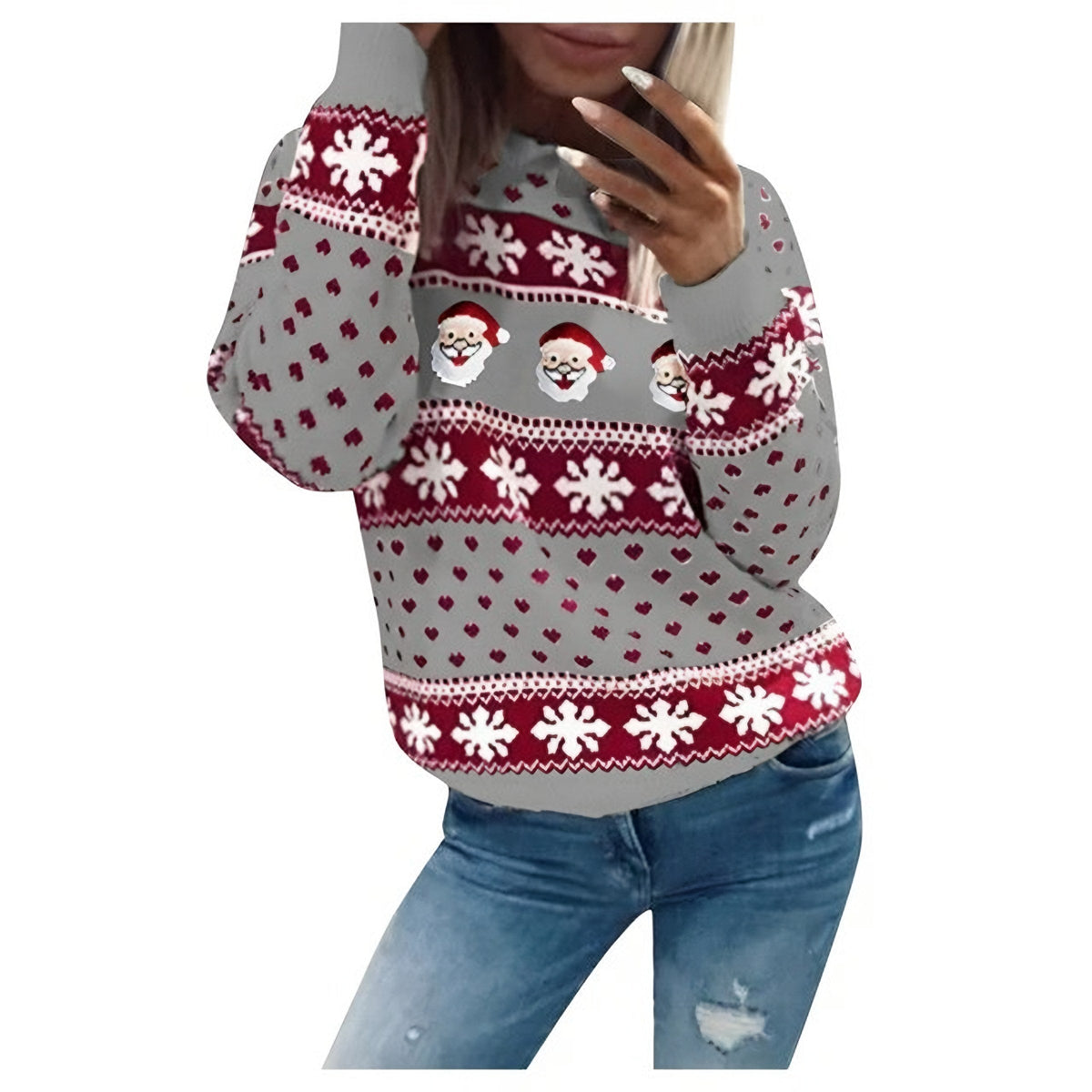 Pull de Noël tricoté pour femme avec imprimé du Père Noël