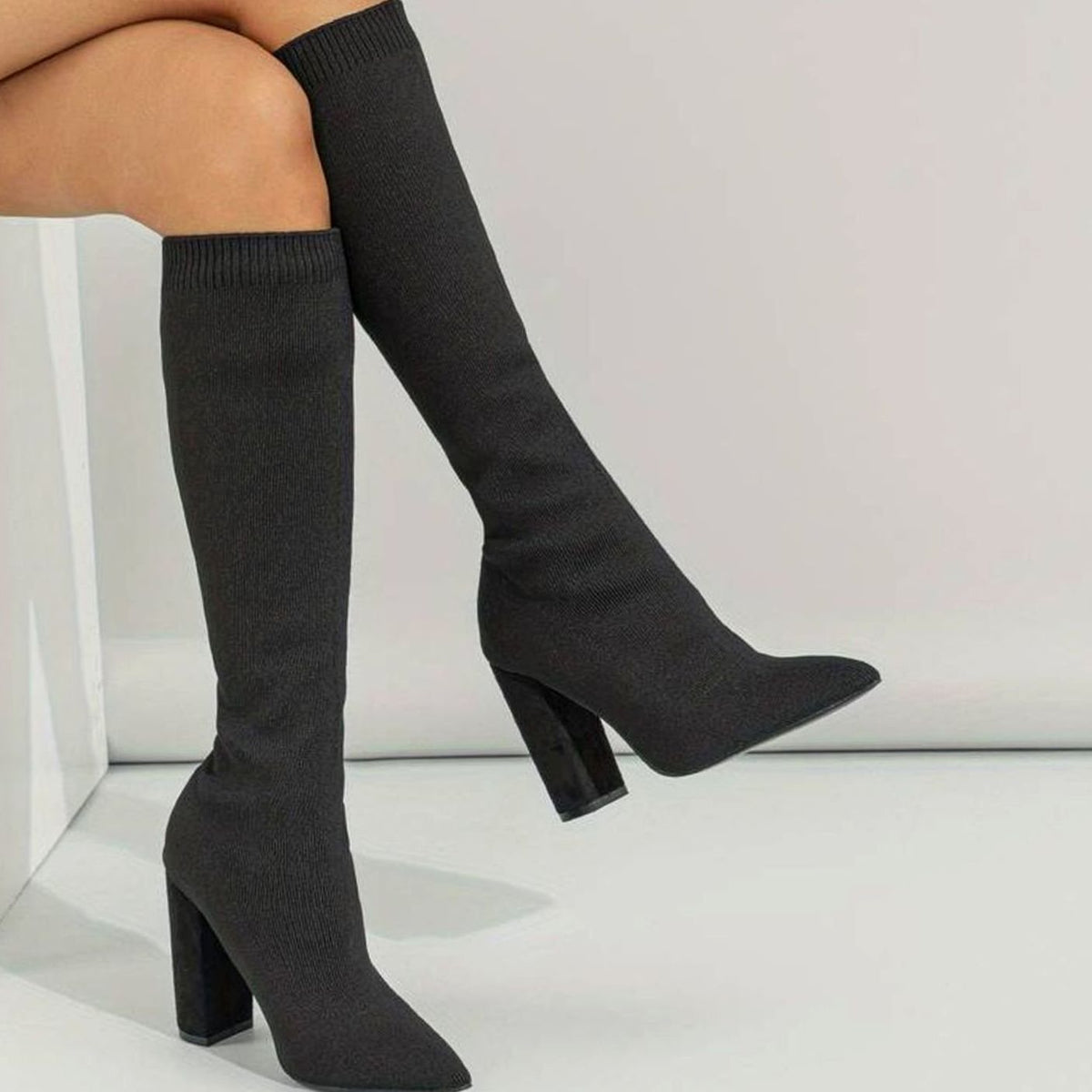 Women's Knitted Knee-High Sock Boots with Block Heel and Pointed Toe