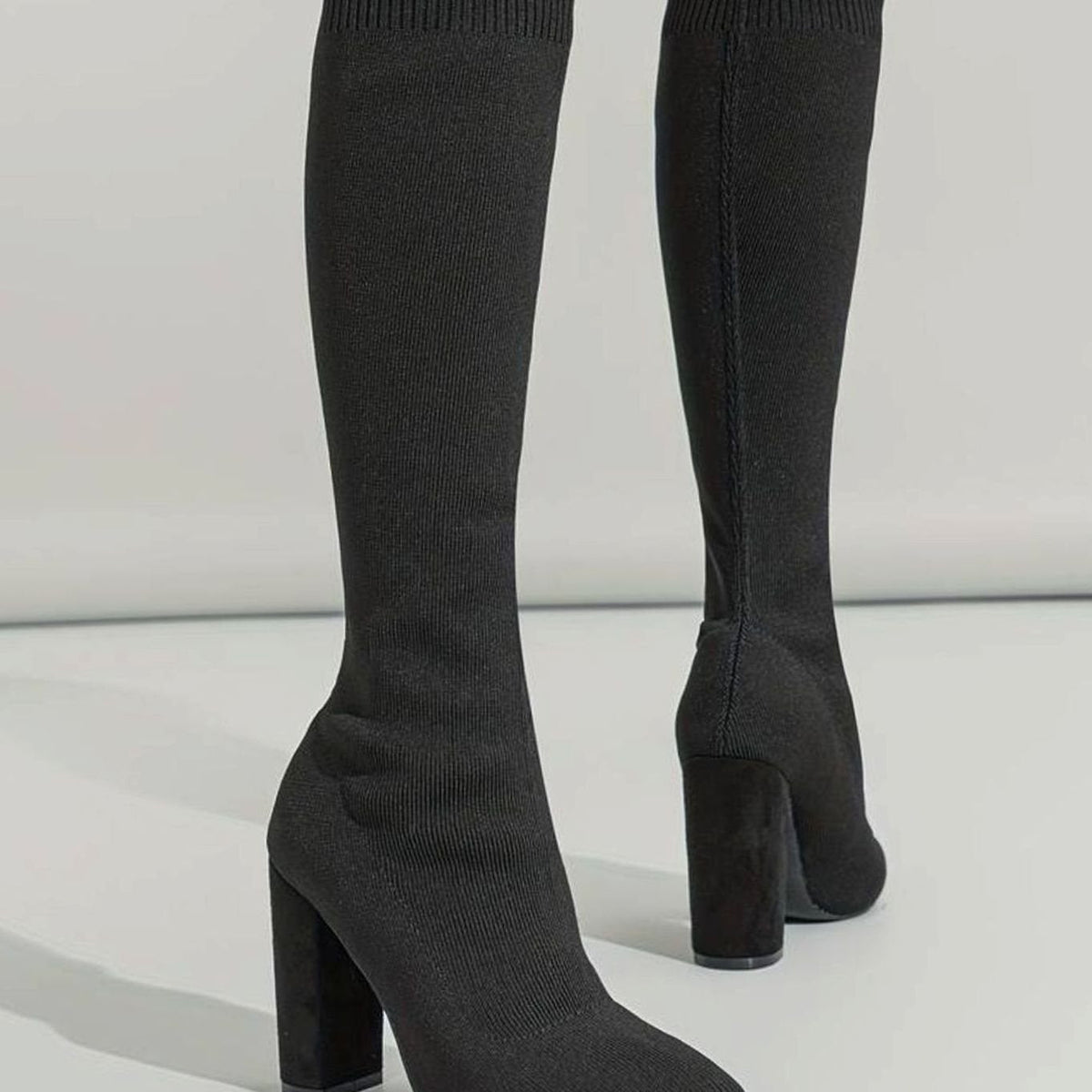 Women's Knitted Knee-High Sock Boots with Block Heel and Pointed Toe