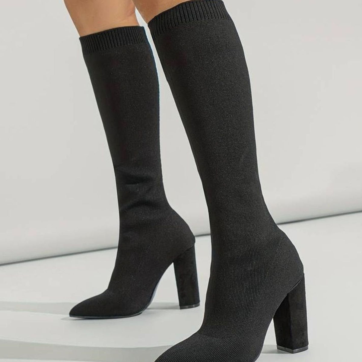 Women's Knitted Knee-High Sock Boots with Block Heel and Pointed Toe