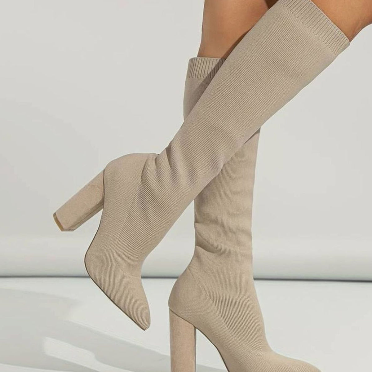 Women's Knitted Knee-High Sock Boots with Block Heel and Pointed Toe