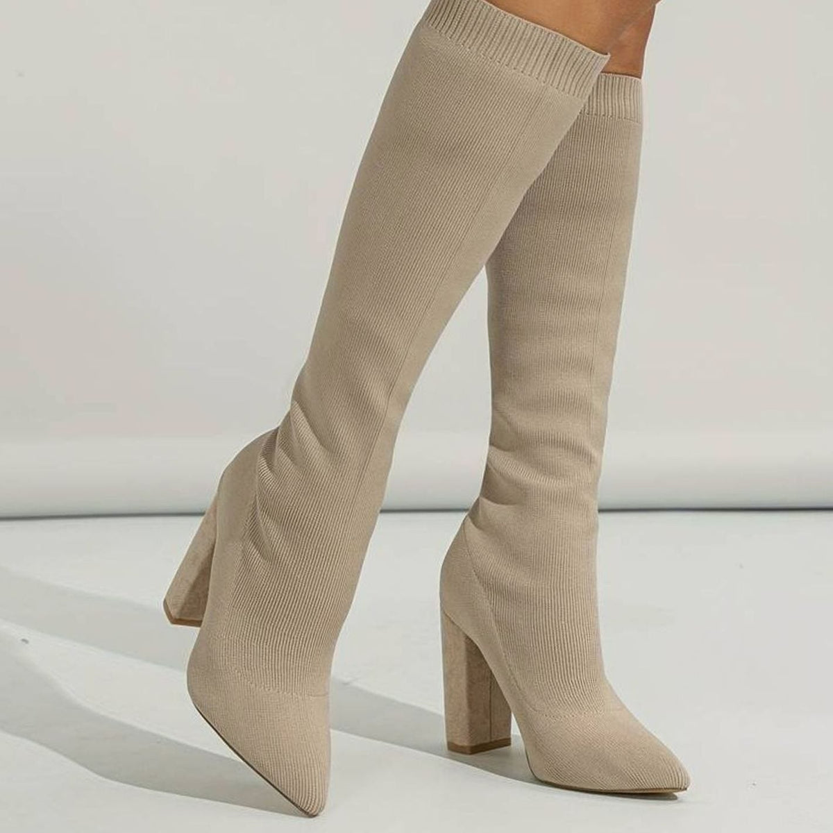 Women's Knitted Knee-High Sock Boots with Block Heel and Pointed Toe