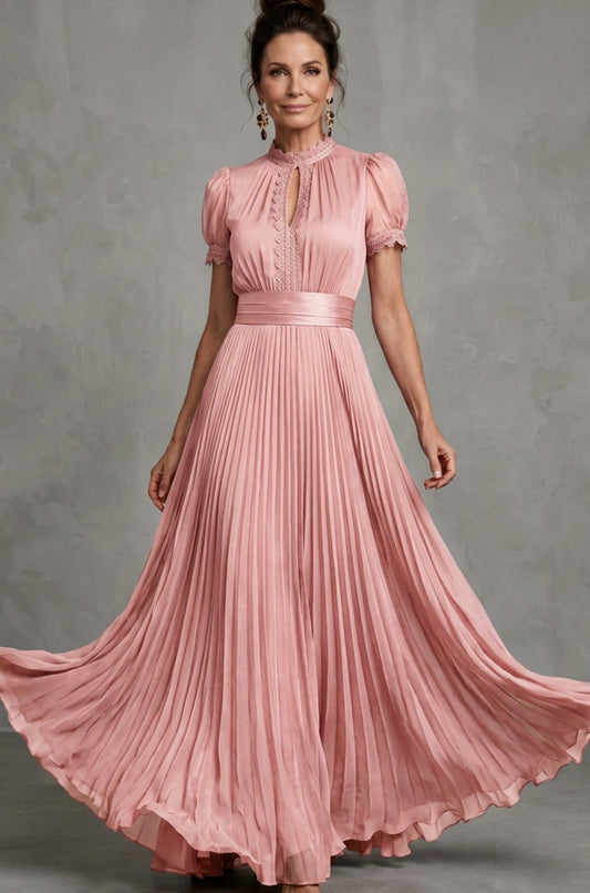 Women's Lace-Trim Puff-Sleeve Pleated Maxi Dress