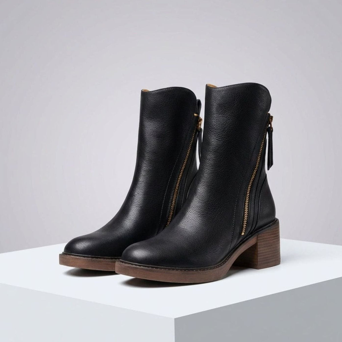 Women's Leather Side-Zip Block-Heel Ankle Boots