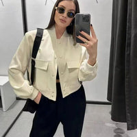 Blouson bomber léger pour femme en similicuir, avec fermeture à boutons-pression sur le devant et poches