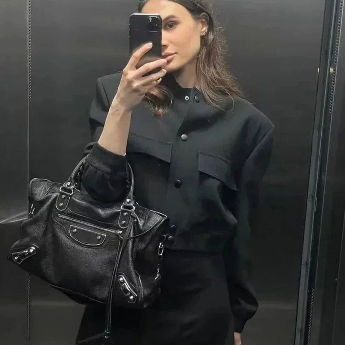 Blouson bomber léger pour femme en similicuir, avec fermeture à boutons-pression sur le devant et poches