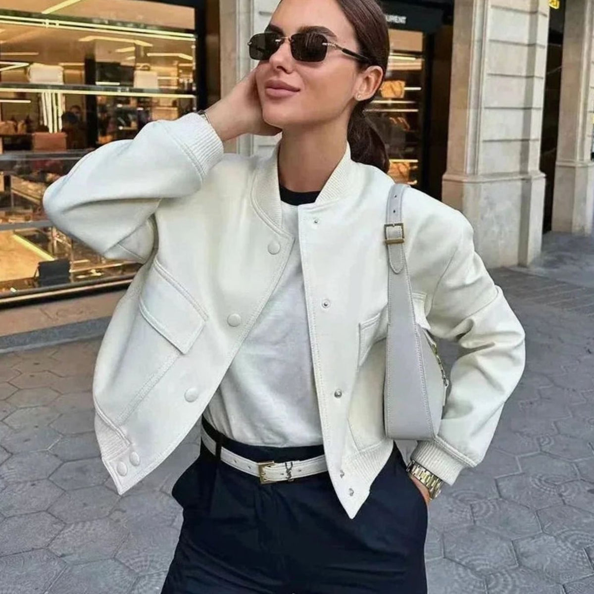 Blouson bomber léger pour femme en similicuir, avec fermeture à boutons-pression sur le devant et poches