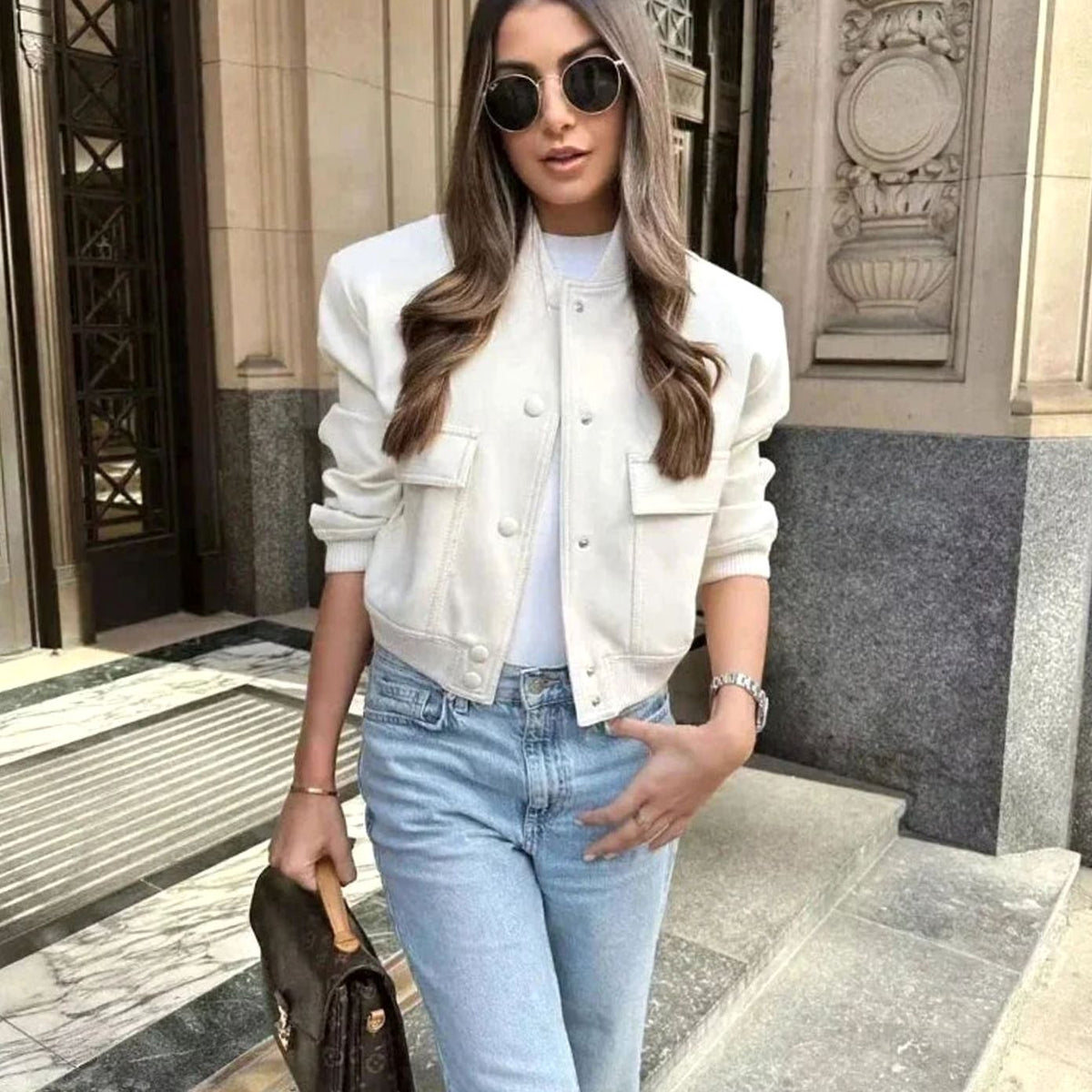 Blouson bomber léger pour femme en similicuir, avec fermeture à boutons-pression sur le devant et poches