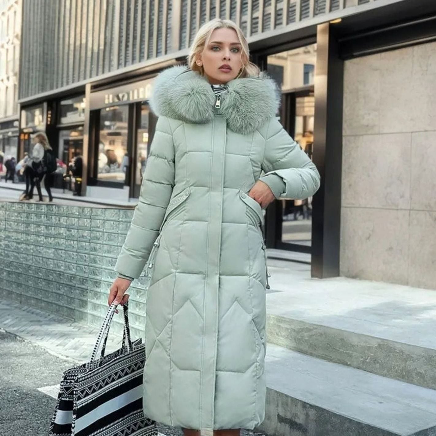 Manteau matelassé long à capuche pour femme, bordé de fourrure