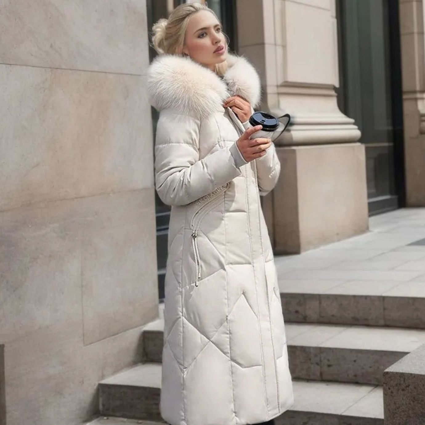 Manteau matelassé long à capuche pour femme, bordé de fourrure