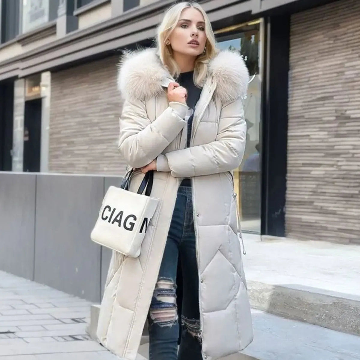 Women's Long Hooded Quilted Coat with Faux Fur Trim