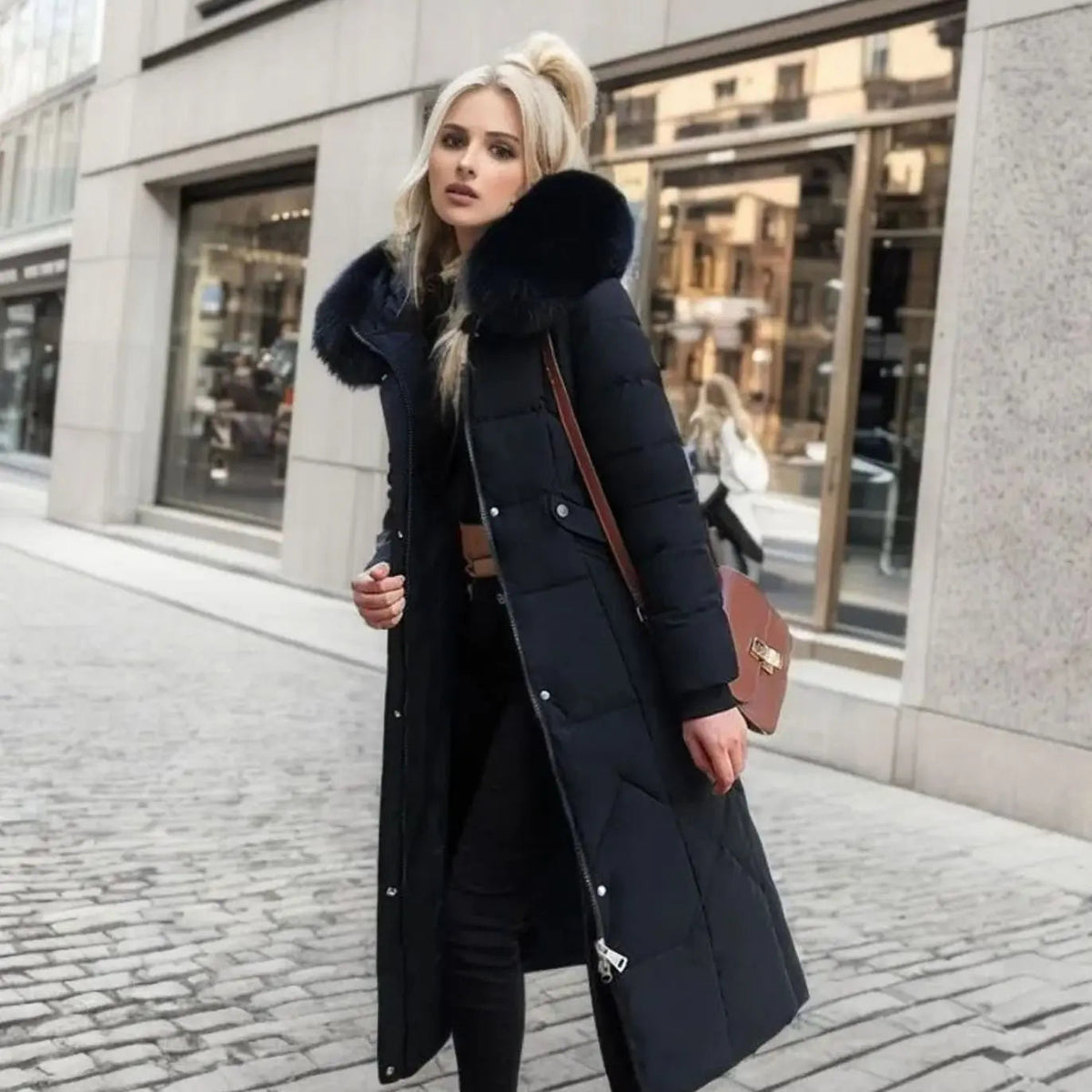 Women's Long Hooded Quilted Coat with Faux Fur Trim