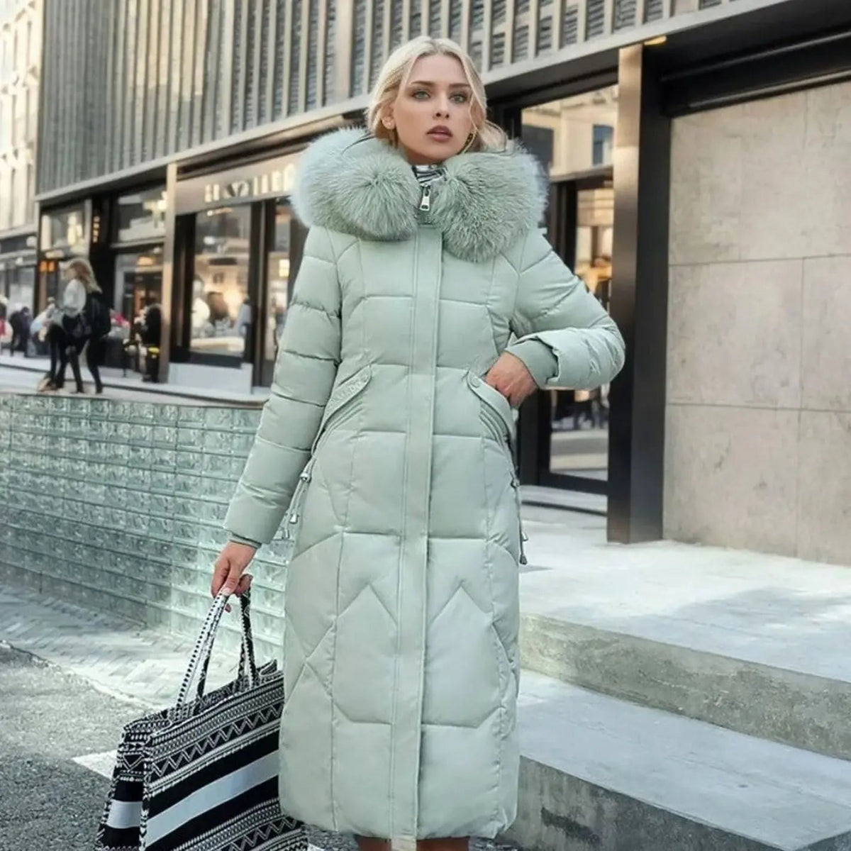 Women's Long Hooded Quilted Coat with Faux Fur Trim