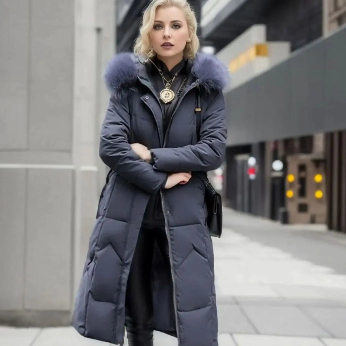 Women's Long Hooded Quilted Coat with Faux Fur Trim