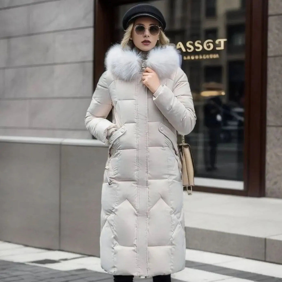 Women's Long Hooded Quilted Coat with Faux Fur Trim
