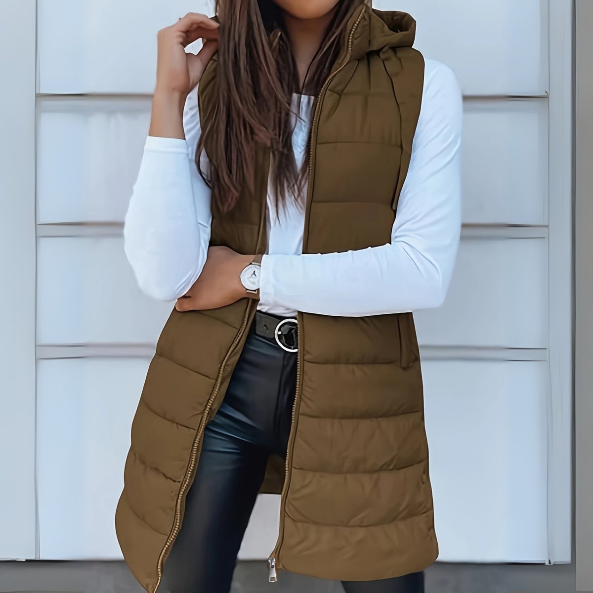 Women's Long Hooded Sleeveless Puffer Vest Lightweight Layering Jacket