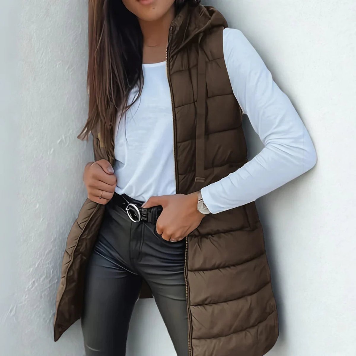 Women's Long Hooded Sleeveless Puffer Vest Lightweight Layering Jacket