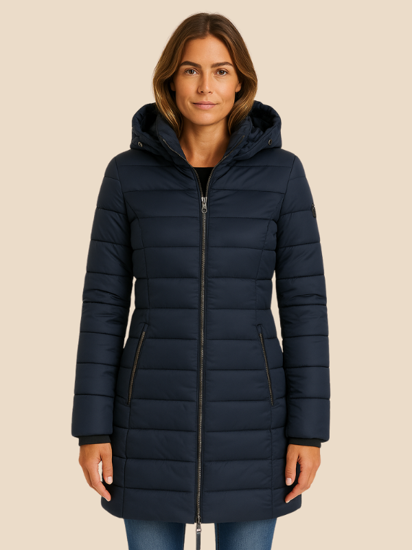 Long manteau matelassé pour femme | veste d'hiver ajustée à capuche et déperlante
