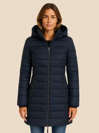 Long manteau matelassé pour femme | veste d'hiver ajustée à capuche et déperlante