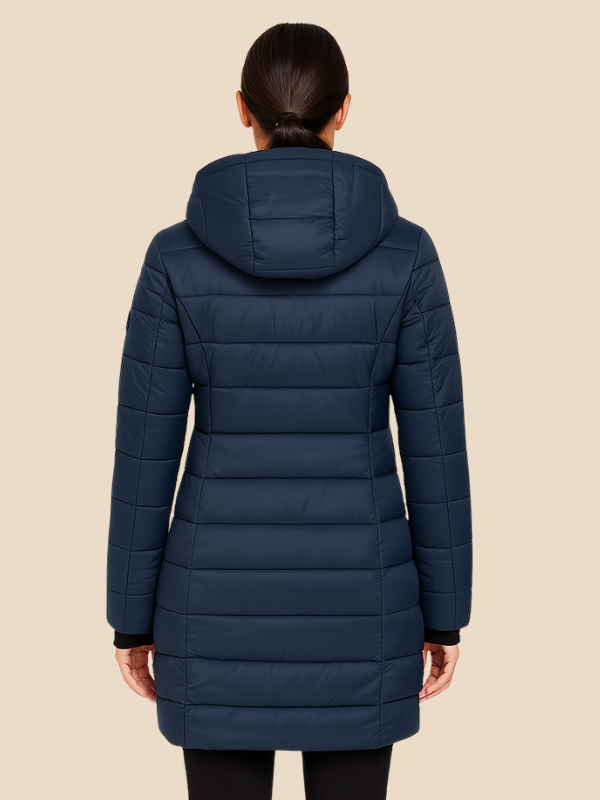 Long manteau matelassé pour femme | veste d'hiver ajustée à capuche et déperlante