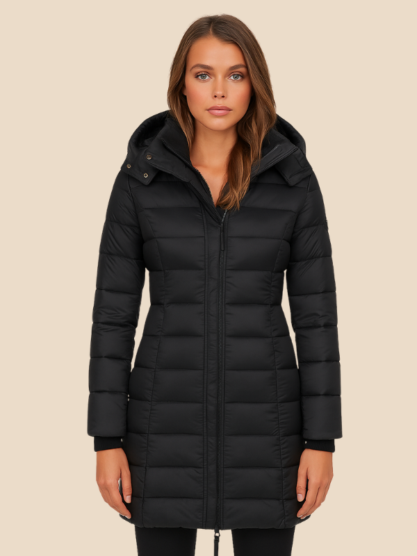 Long manteau matelassé pour femme | veste d'hiver ajustée à capuche et déperlante