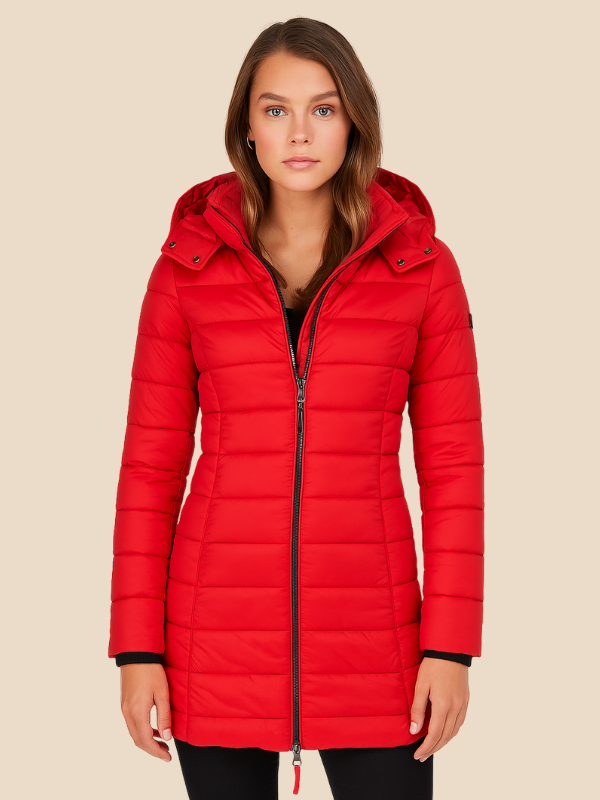 Long manteau matelassé pour femme | veste d'hiver ajustée à capuche et déperlante