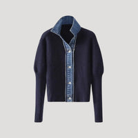 Women's Long-Sleeve Button-Front Cardigan with Denim Trim