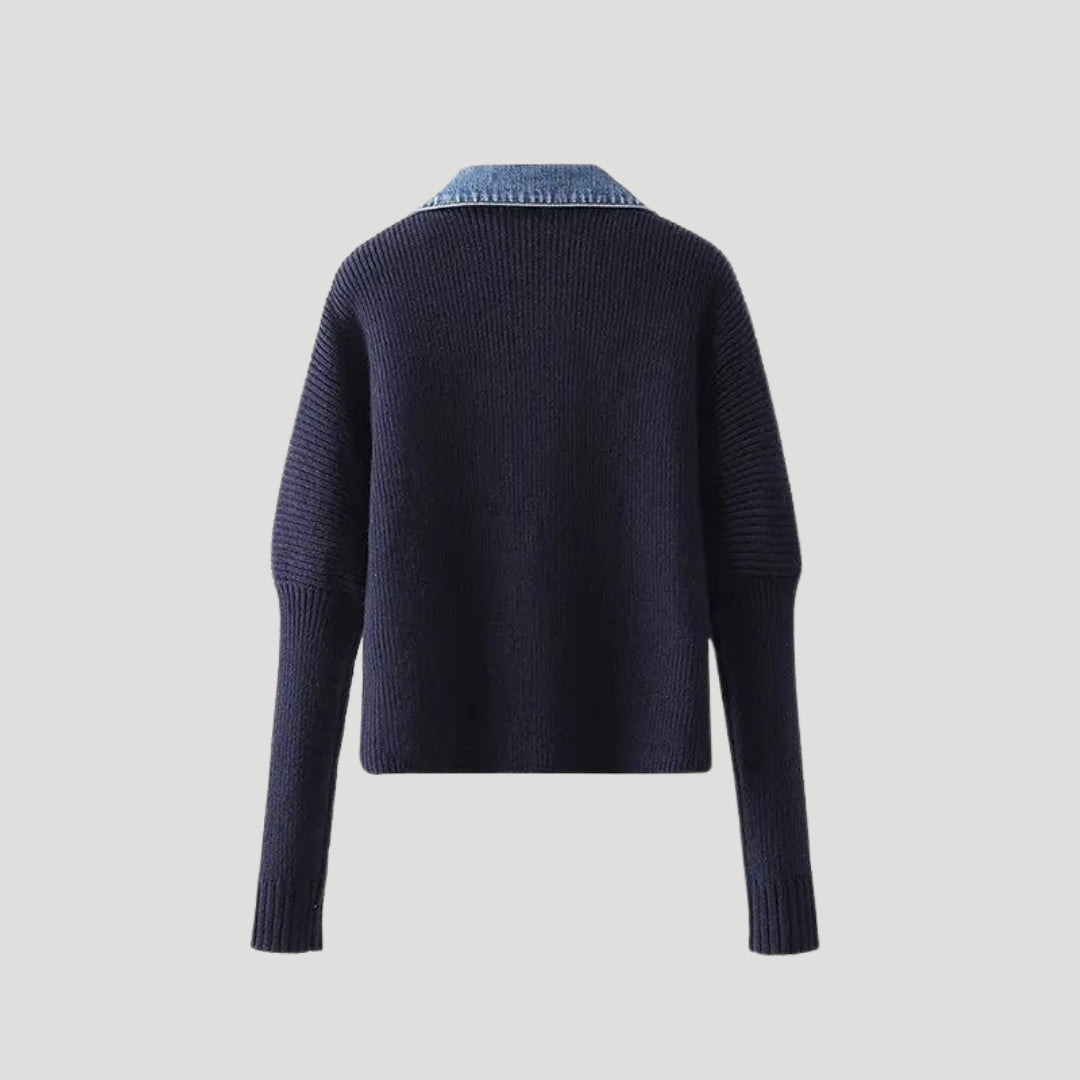 Women's Long-Sleeve Button-Front Cardigan with Denim Trim