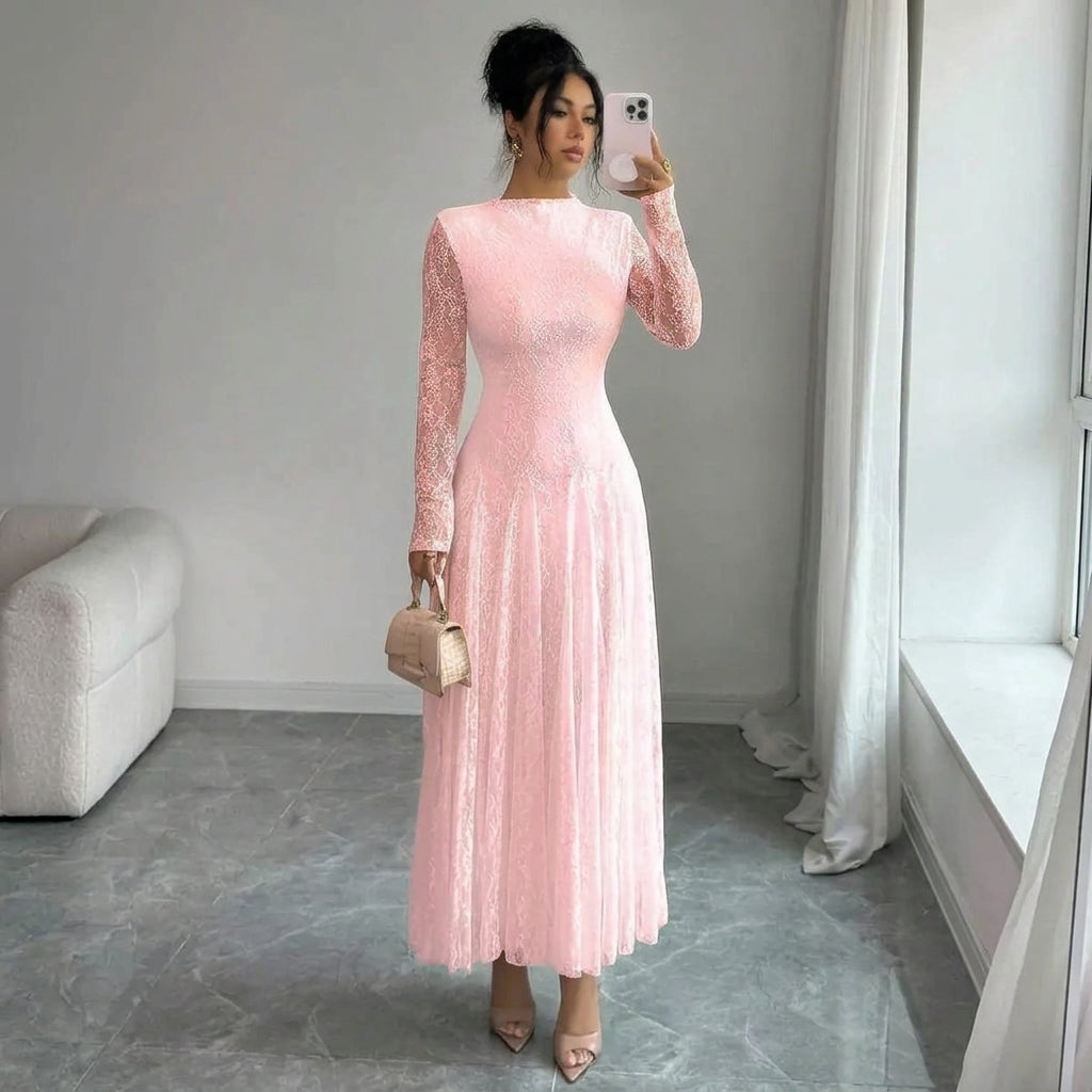 Robe de cérémonie trapèze pour femme, en tulle pailleté à manches longues