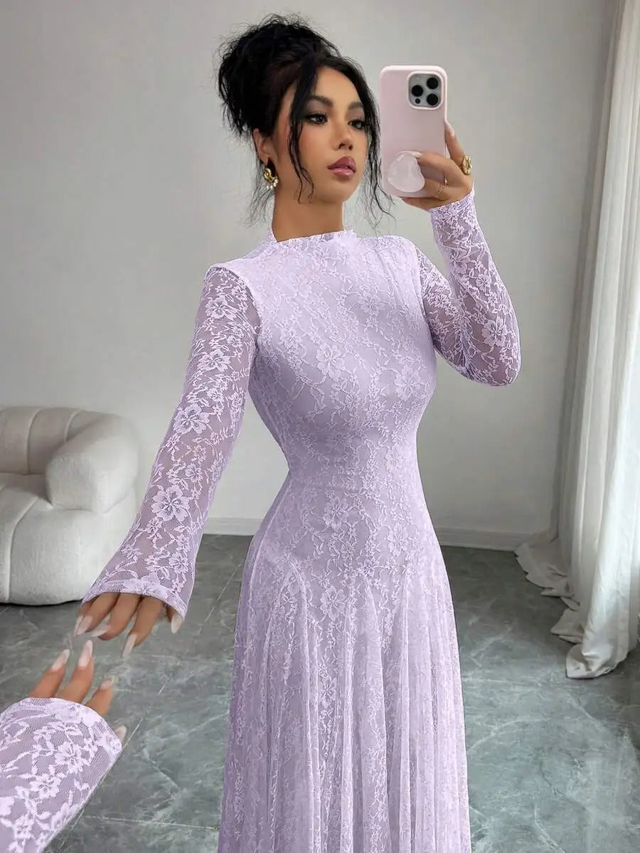 Robe de cérémonie trapèze pour femme, en tulle pailleté à manches longues
