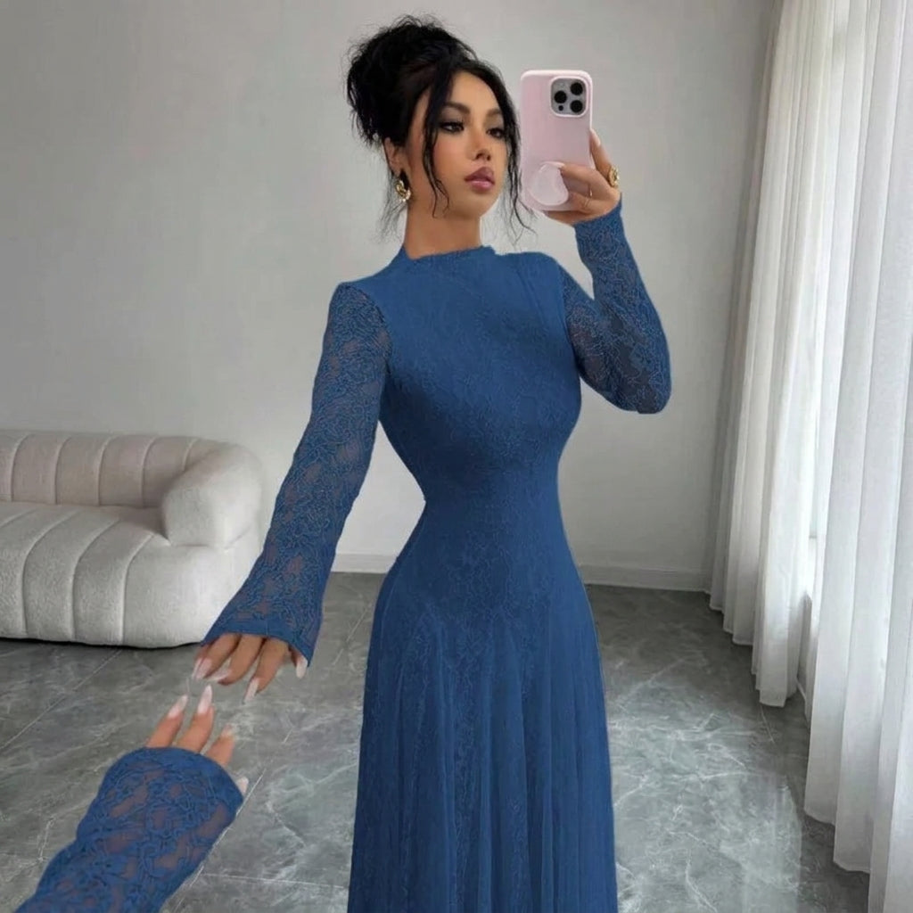 Robe de cérémonie trapèze pour femme, en tulle pailleté à manches longues