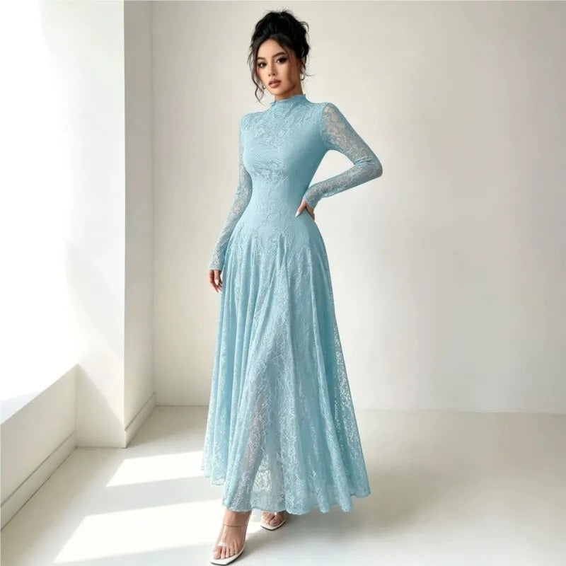 Robe de cérémonie trapèze pour femme, en tulle pailleté à manches longues
