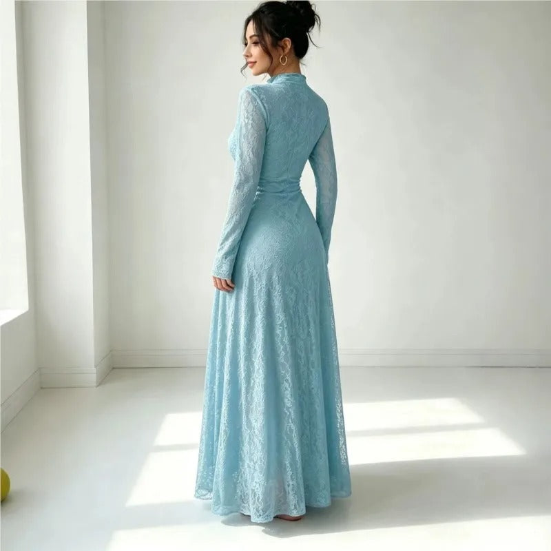 Robe de cérémonie trapèze pour femme, en tulle pailleté à manches longues