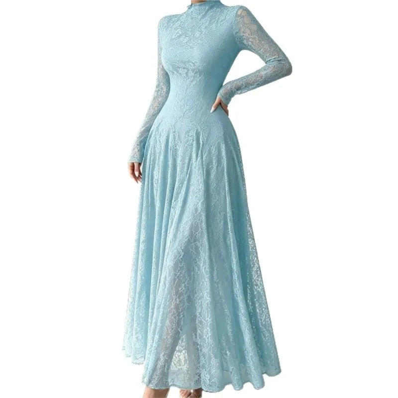 Robe de cérémonie trapèze pour femme, en tulle pailleté à manches longues
