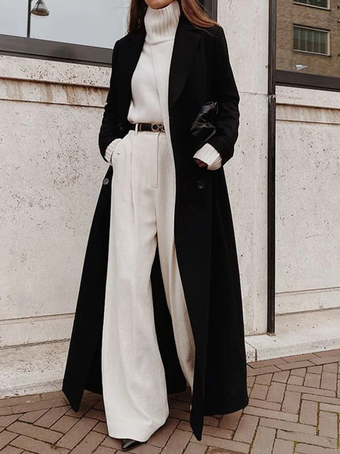 Women's Long Wool Coat – Double-Breasted with Deep Pockets