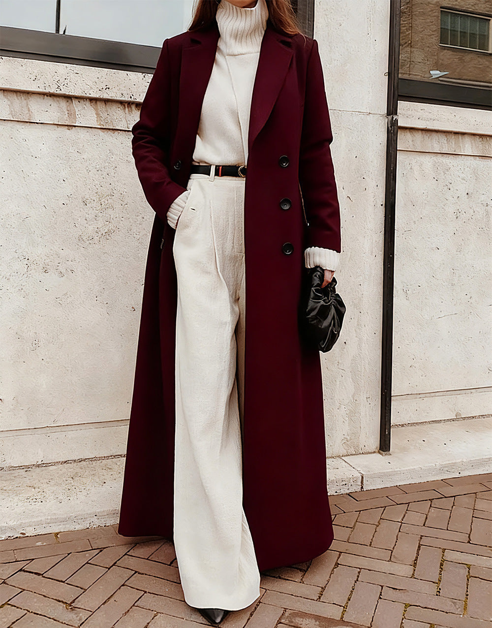 Women's Long Wool Coat – Double-Breasted with Deep Pockets