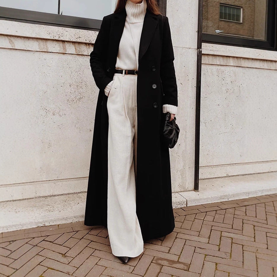 Women's Long Wool Coat – Double-Breasted with Deep Pockets