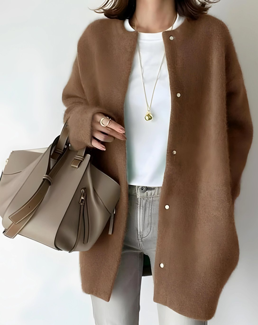Women's Longline Crew Neck Snap-Button Relaxed Cardigan