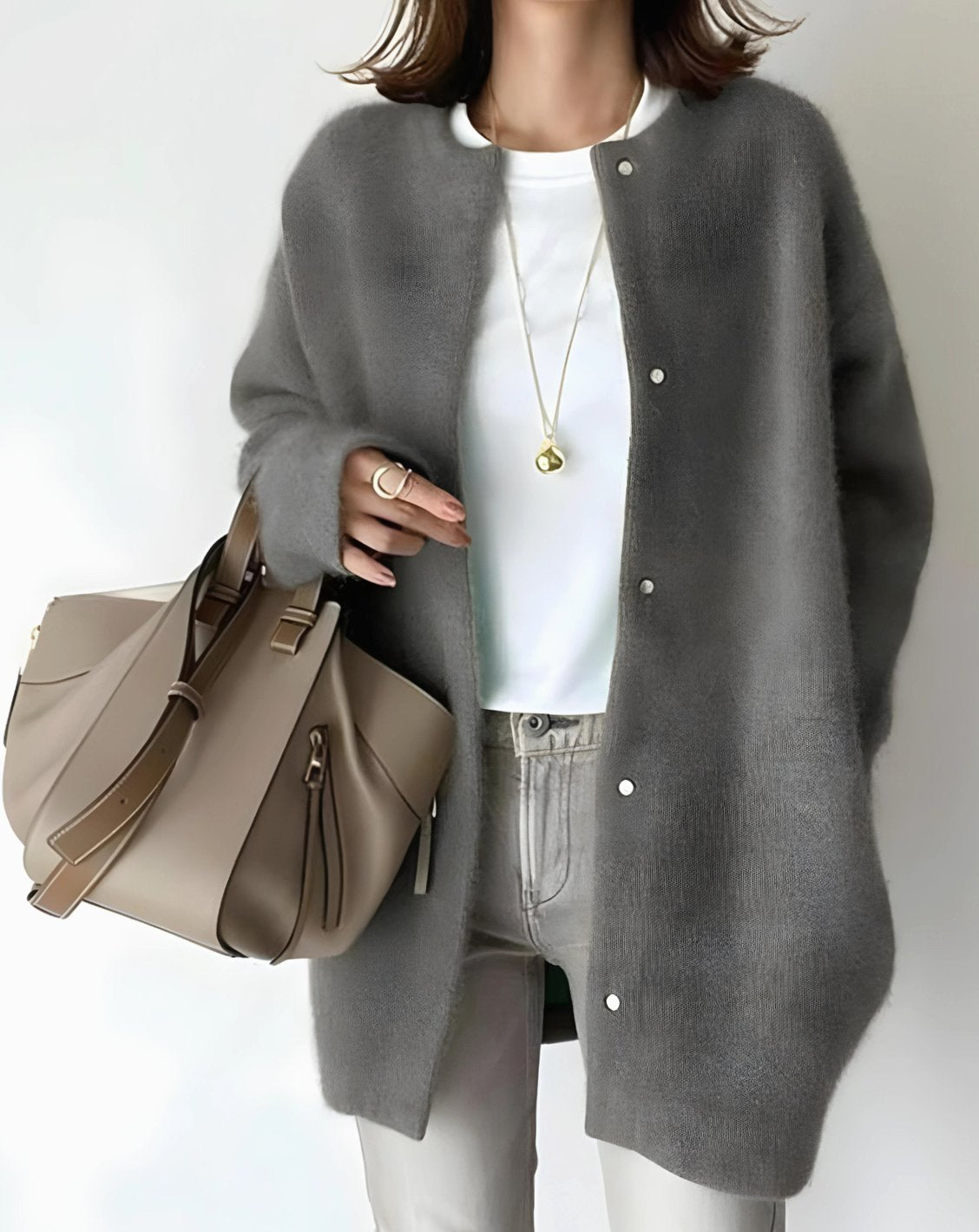Women's Longline Crew Neck Snap-Button Relaxed Cardigan