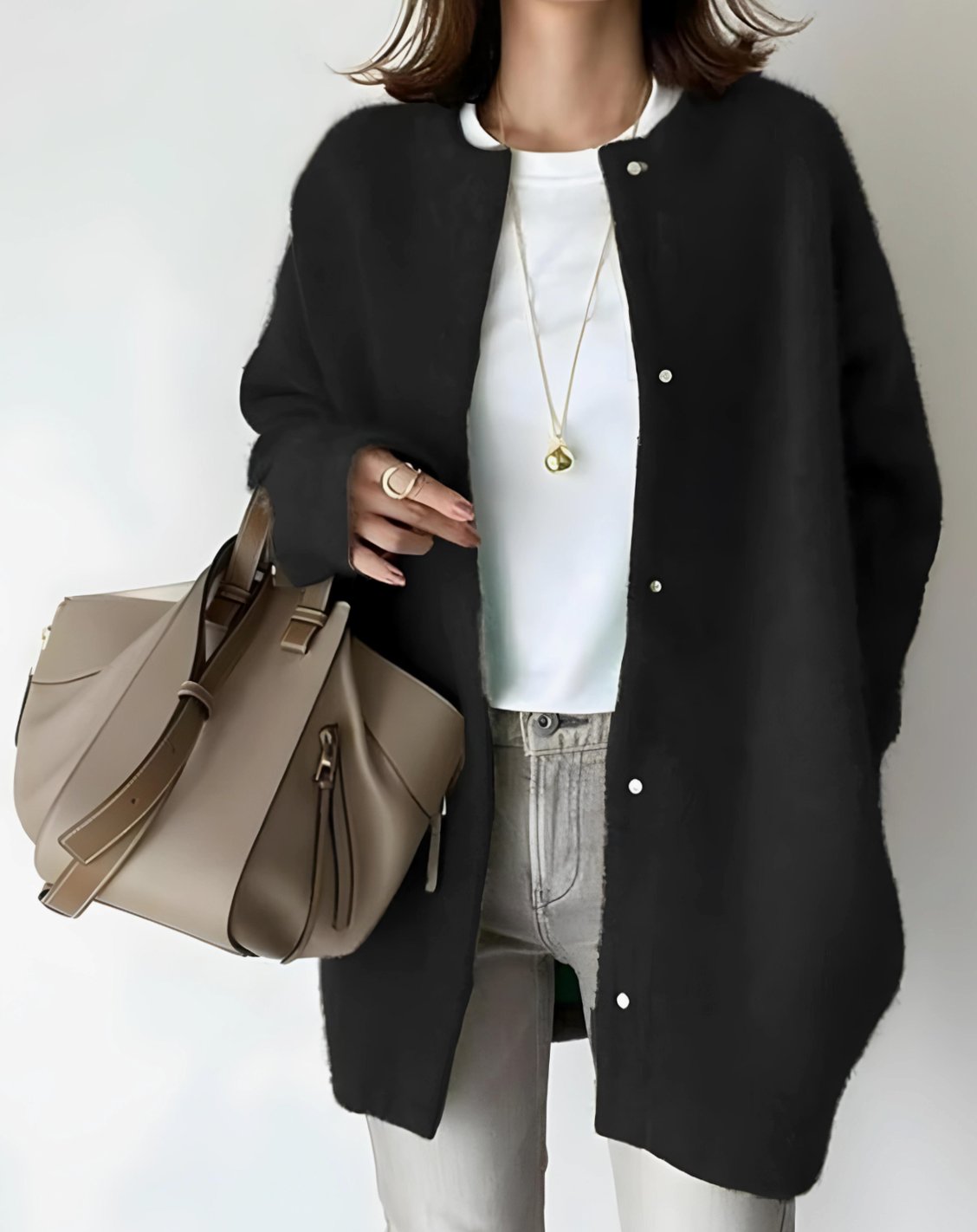 Women's Longline Crew Neck Snap-Button Relaxed Cardigan