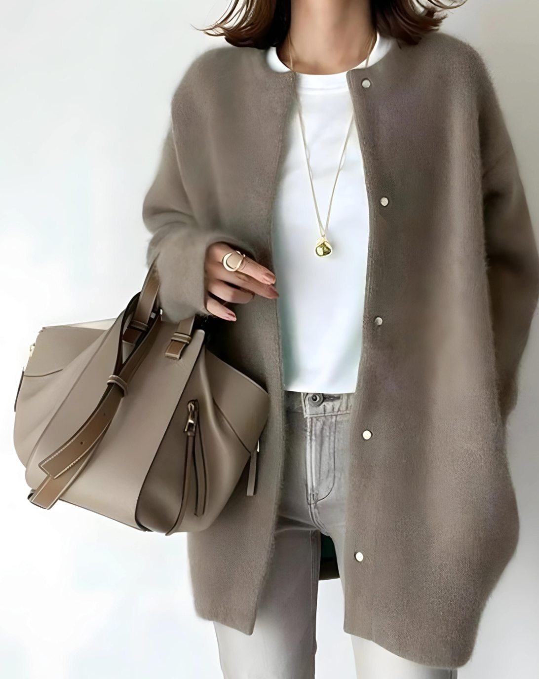 Women's Longline Crew Neck Snap-Button Relaxed Cardigan