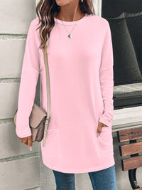 Women's Loose Fit Long Tunic Top with Round Neck, Side Pockets, and Soft Jersey Fabric