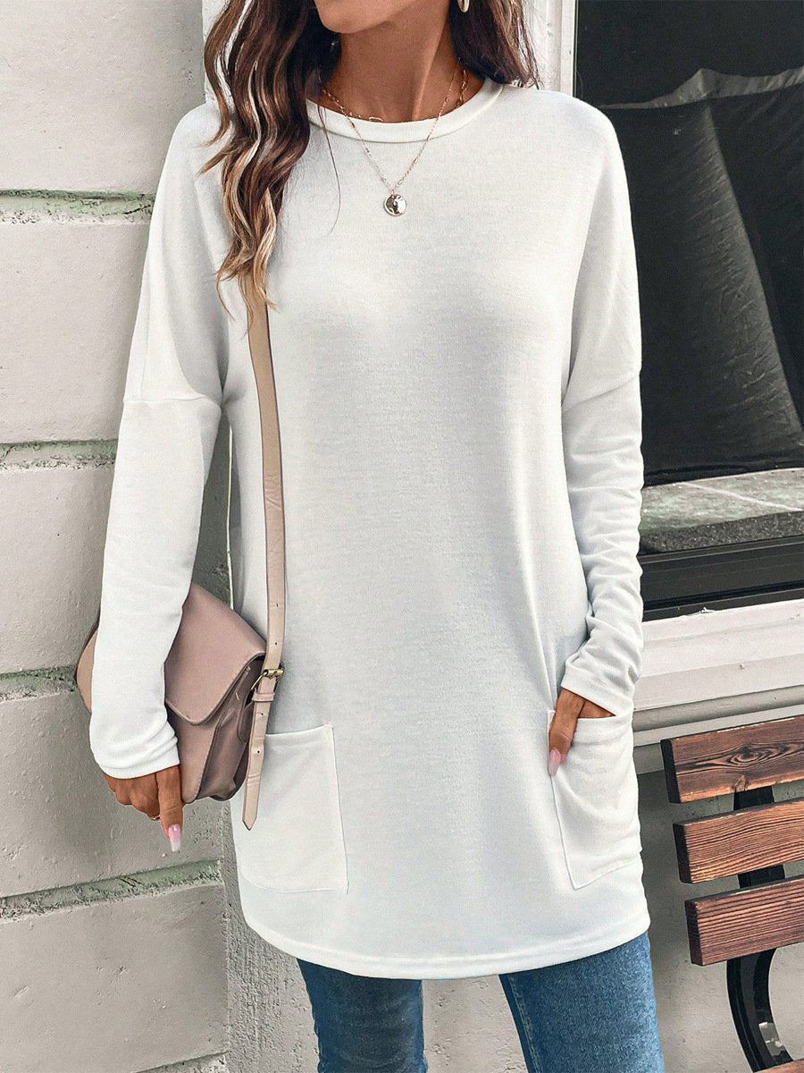 Women's Loose Fit Long Tunic Top with Round Neck, Side Pockets, and Soft Jersey Fabric